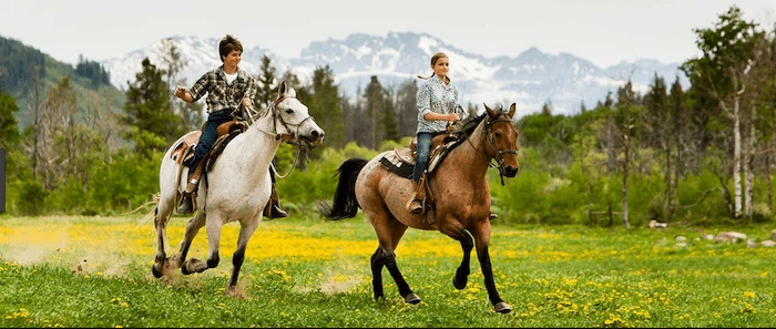 Confident plus-size woman riding Burnley a horse through a field with a smile on her face.